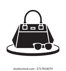 Icono blanco y negro simple de un bolso y gafas de sol en un soporte