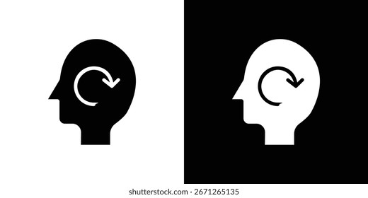 Icono blanco y negro simple de una cabeza con una flecha circular en el interior, que representa refrescar o Restablecer. Aislado en ambos fondos blancos y negros.
