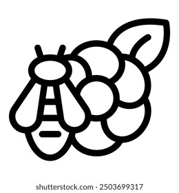 Simple black and white icon of a honey bee pollinating a raspberry plant