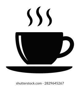 Simple black and white icon of a hot beverage in a cup with saucer. Steam rising from the top. Perfect for cafe menus, websites, and web design projects.