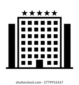 A simple black and white icon of a hotel building with five stars on top, modern architecture