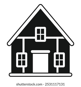 Simple black and white icon of a house with a pitched roof, windows and a door, representing concepts of home ownership, real estate and residential architecture