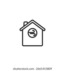 Um simples ícone preto e branco de uma casa com um símbolo circular contendo três linhas curvas ou lâminas na frente, sugerindo circulação de ar ou um sistema de ventilação inteligente.