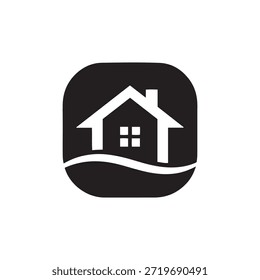 Un simple icono en blanco y negro de una casa en una colina. La casa tiene un techo triangular, una chimenea y una ventana con cuatro paneles.