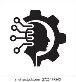 Un simple icono en blanco y negro de una cabeza humana con un diseño de engranaje y placa de circuito