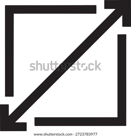 Simple black and white icon illustrates diagonal arrows pointing outward from the corners of a square indicating a function to enlarge or maximize digital content or a viewing area.