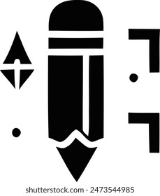 A simple black and white icon illustrating a pencil and two dice. The dice are shaped like triangles with points at the top.