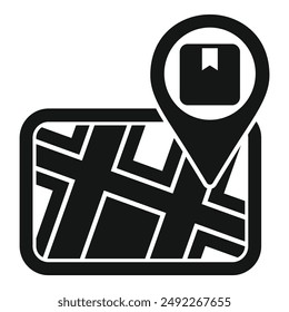 Icono simple en blanco y negro que ilustra un mapa con un pin de ubicación, ideal para conceptos de navegación