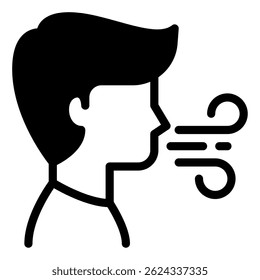 Icono blanco y negro simple que ilustra a una persona respirando aire contaminado, adecuado para campañas de concienciación ambiental.