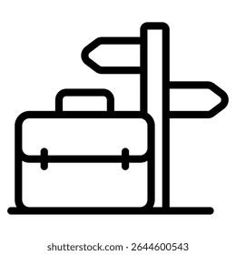 Simple black and white icon illustrating a suitcase and directional signpost, suitable for travel and navigation apps.
