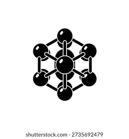 A simple black and white icon illustrating a molecular structure, symbolizing chemistry, science, and interconnectedness.