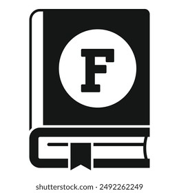 Simple black and white icon illustration of a book with the letter f on the cover