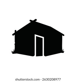 Simple black and white icon illustration of a rustic tent or shelter for outdoors