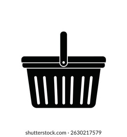 Simple black and white icon illustration of a shopping basket with a handle ready for use.