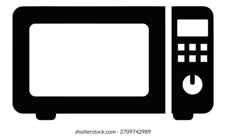 Simple black and white icon illustration of a modern microwave oven with a digital display and control panel on a white background
