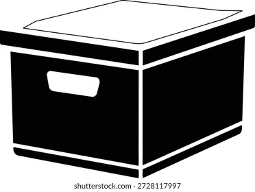 Ilustración simple del icono en blanco y negro de una caja de almacenamiento de cartón con una tapa