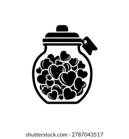 A simple black and white icon of a jar overflowing with heart shapes.