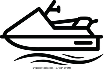 A simple black and white icon of a jet ski, representing water sports, recreation, and personal watercraft activities.