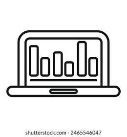 Simple black and white icon of a laptop showcasing a bar chart on its screen