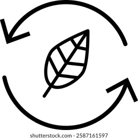 Simple black and white icon of a leaf enclosed within a circular arrow composed of two curved arrows pointing clockwise. Environmental sustainability, recycling, eco-friendly