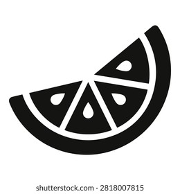 Simple black and white icon of a lemon wedge, cut into sections, on a white background