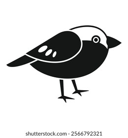 Simple black and white icon of a little bird standing with its head turned sideways