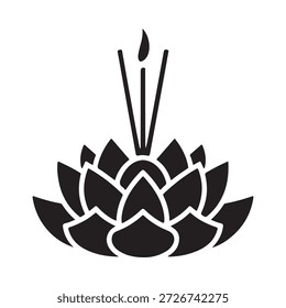 Un simple icono en blanco y negro de una flor de loto con incienso ardiente