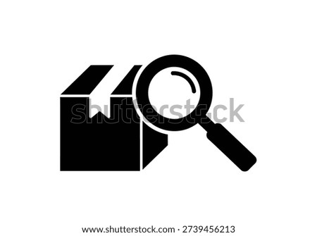 A simple black and white icon of a magnifying glass over a package, symbolizing investigation and research.