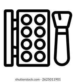 Simple black and white icon of a makeup palette and brush, perfect for representing beauty and cosmetics