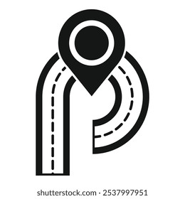 Icono blanco y negro simple de un pin de mapa que indica un destino en una carretera