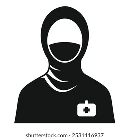 Simple black and white icon of a medical professional wearing a hijab and name badge