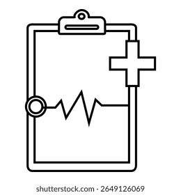 Simple black and white icon of a medical clipboard with a heartbeat line and a medical cross, representing health records or medical reports.