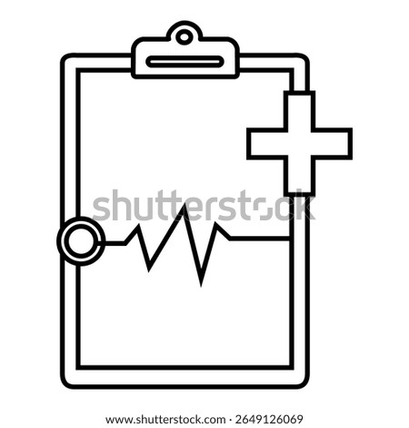 Simple black and white icon of a medical clipboard with a heartbeat line and a medical cross, representing health records or medical reports.
