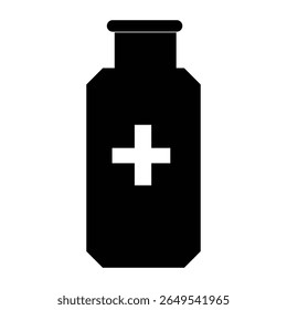 Simple black and white icon of a medicine or syrup bottle with a cross, suitable for healthcare, pharmacy, and medical app design