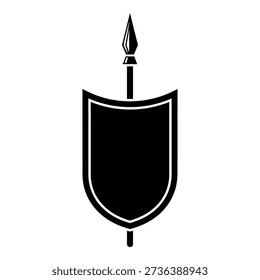 A simple black and white icon of a medieval shield with a spear passing through it, representing protection and combat.