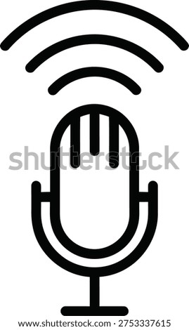 A simple black and white icon of a microphone with wireless signal waves emanating from it.
