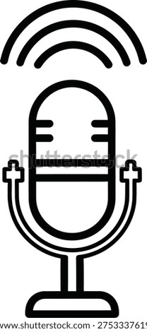 A simple black and white icon of a microphone with wireless signal waves emanating from the top