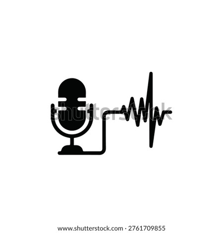 A simple black and white icon of a microphone with a sound wave graphic emanating from it.