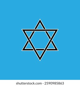 A simple black and white icon minimalist featuring the Star of David on a blue background. Star of David icon. Vector illustration.