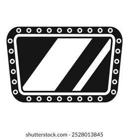 Simple black and white icon of a mirror with rounded corners and round elements along the edge, reflecting light beams