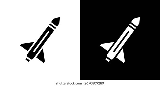 Icono blanco y negro simple de un misil en vuelo, aislado en ambos fondos blancos y negros.