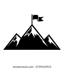 Simple black and white icon of a mountain range with a flag planted on the highest peak. Symbolizes reaching a goal, success, achievement, and overcoming challenges.