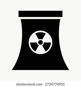 Simples ícone preto e branco de uma torre de resfriamento de uma usina nuclear com um símbolo de radiação. Símbolo de energia nuclear, design de torre de resfriamento, ícone de radiação. Projetar vetor de elemento.