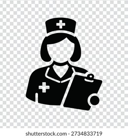 Un simple ícono en blanco y negro de una enfermera con una gorra con una cruz, sosteniendo un Portapapeles, representando la profesión médica y de salud