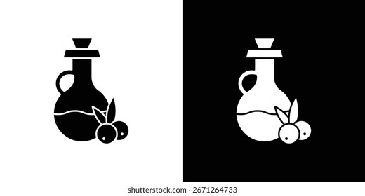 Icono blanco y negro simple de una botella de aceite de oliva con aceitunas. Perfecto para diseños culinarios o relacionados con la salud.