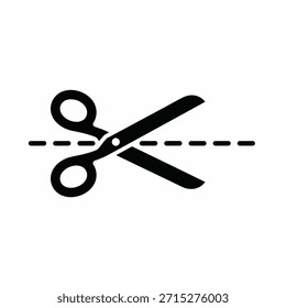 Simple black and white icon of open scissors positioned above a dashed line, representing cutting or editing.