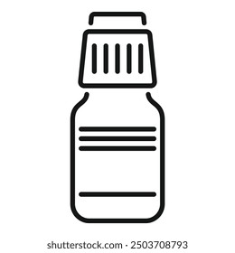 Icono blanco y negro simple de una botella de medicina abierta con tapa de seguridad, listo para ser utilizado