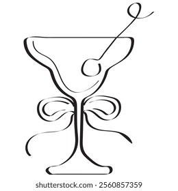 simple black and white icon of an original glass that looks like a bud of a flower and a berry in it, design for St. Valentine's Day