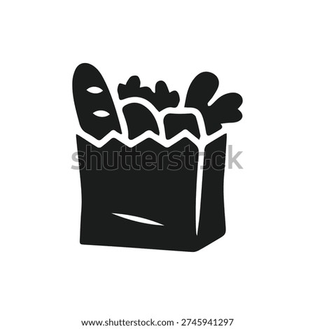A simple black and white icon of a paper grocery bag filled with fresh food including a baguette and vegetables. Hand-drawn vector illustration.