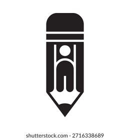 Un simple icono en blanco y negro de un lápiz con una persona dentro